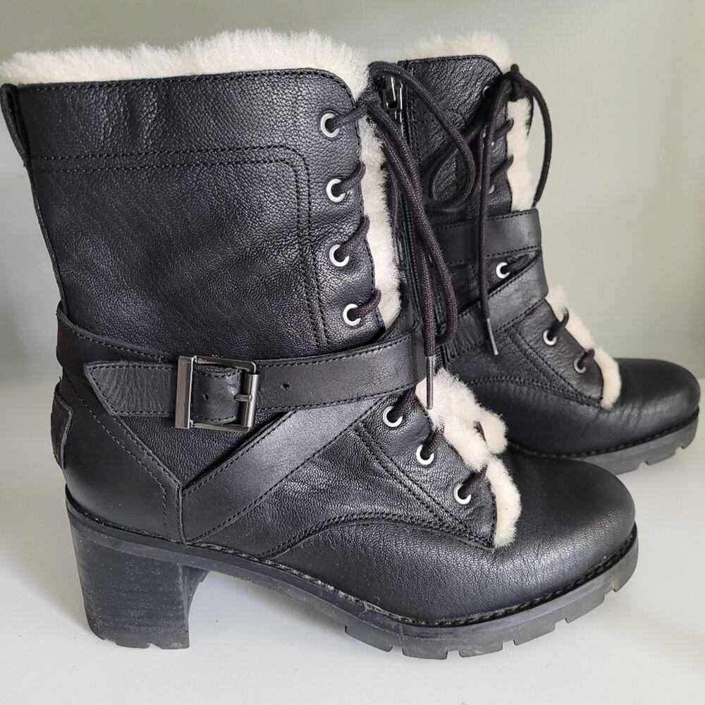 UGG "Ingrid" Black Leather Shearling Lug Soled Lace-Up Moto Combat Biker Boots-7 - Picture 2 of 14